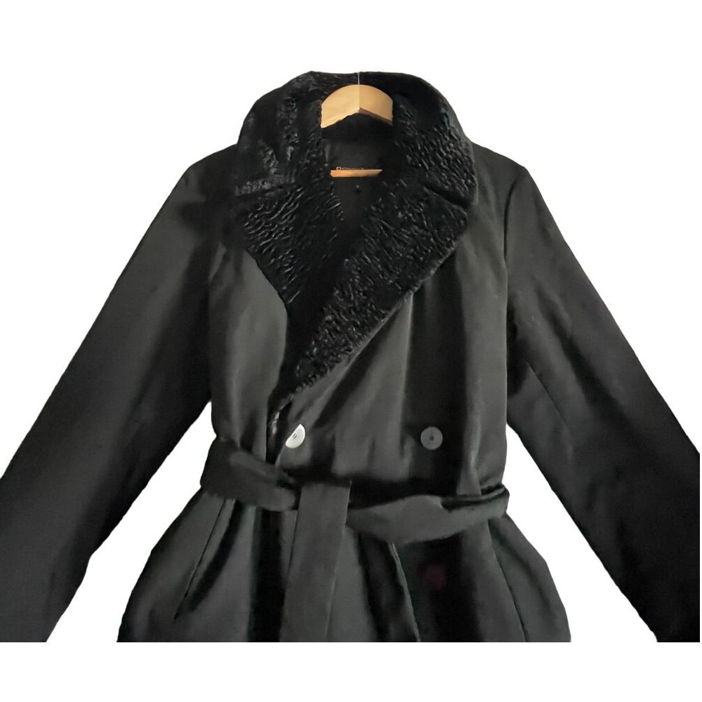 Donna Karan Black Trench Coat with Faux Fur Collar